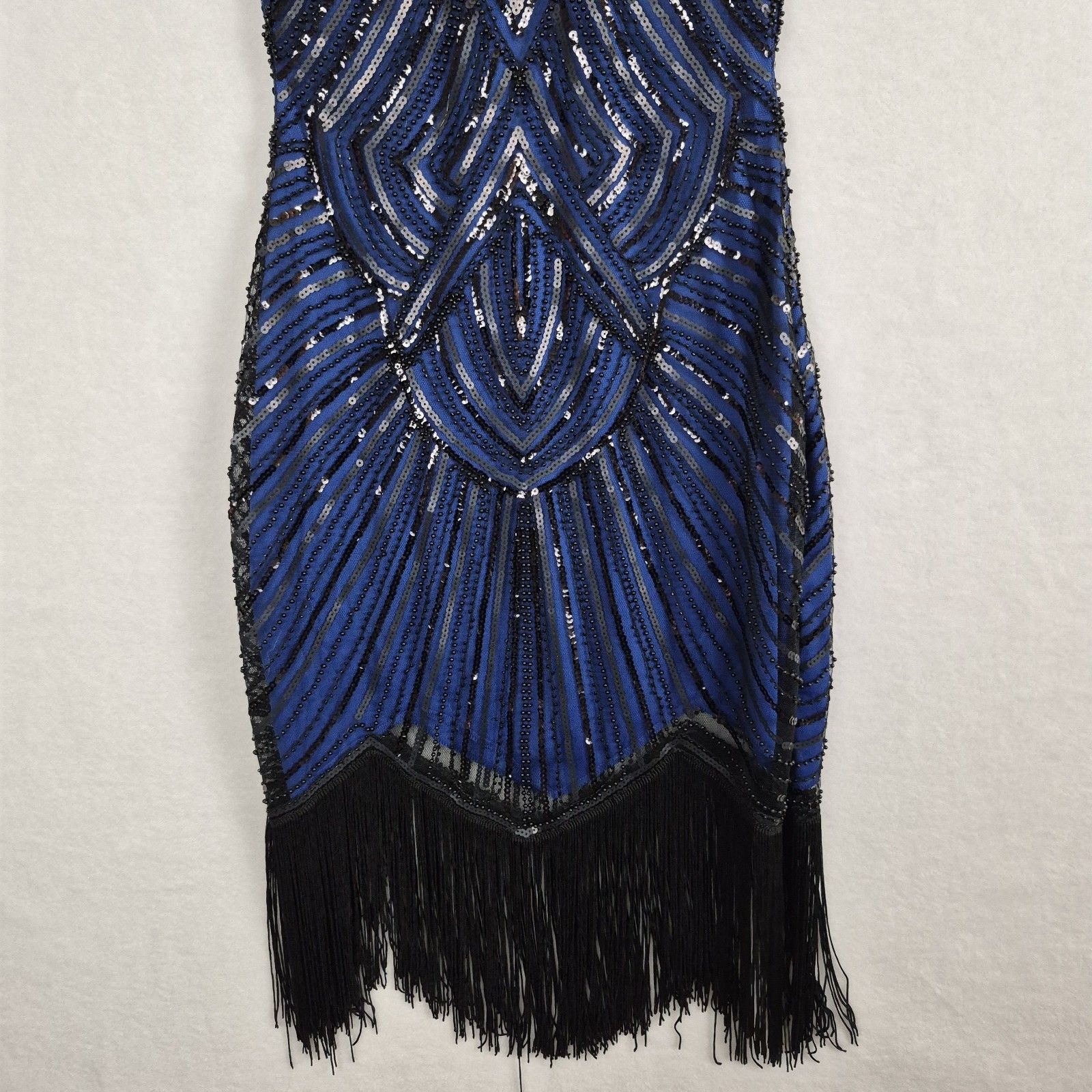 Ladies 1920s Roaring 20s Flapper Gatsby Blue Black Sequins Dress Small Fringe. — image 3 of 8